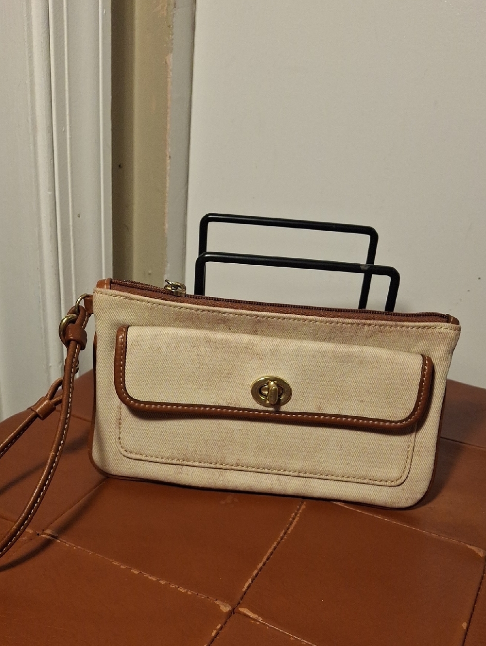 Coach Canvas Wristlet Clutch in Cream with Brown Trim